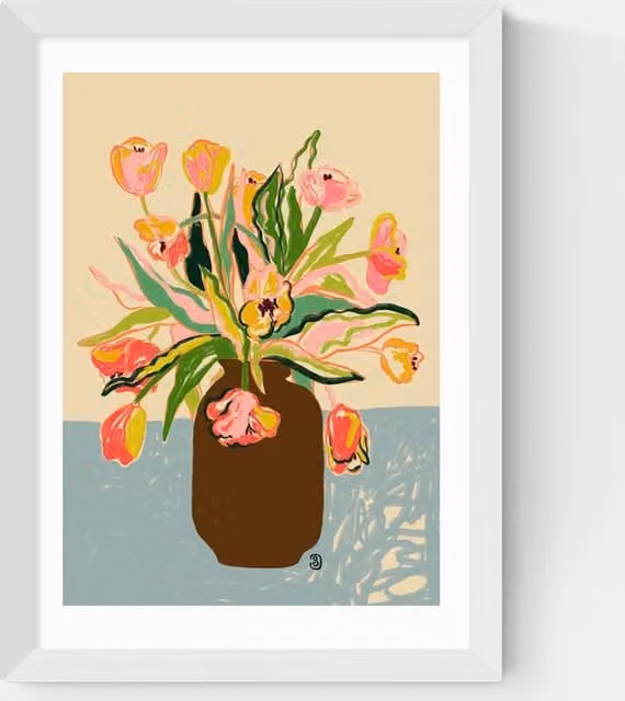 East End Prints Tulips Floral Framed Art Print in White and Multicolour
