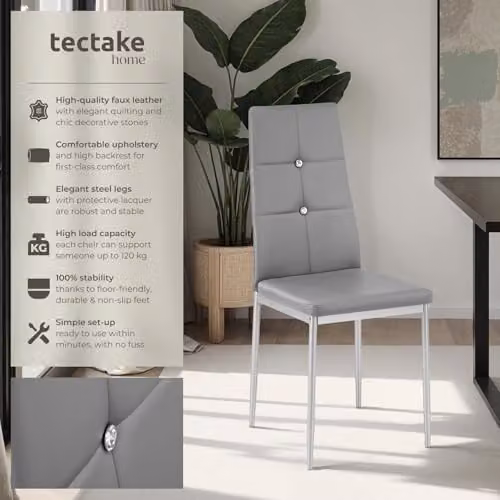 tectake Set of 8 Julien Dining Chairs in Grey with Faux Leather and Metal Legs – 4