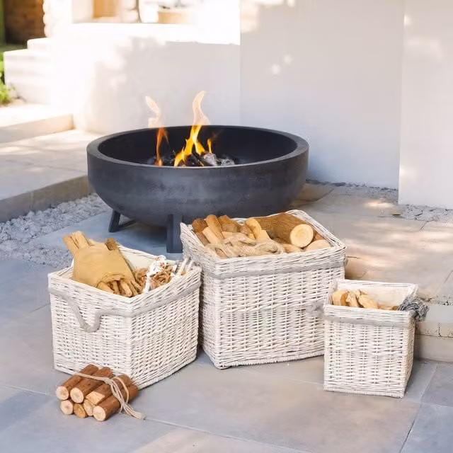 Outsunny Set of 3 Beige Wicker Log Baskets with Handles and Fabric Lining