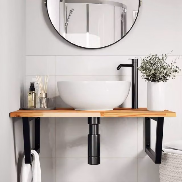 Berkfield Home Elegant Wall Mounted Basin Shelf in Brown Acacia Wood and Steel