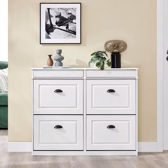 SoBuy Slim White Shoe Cabinet with Tilting Compartments and Internal Shelves