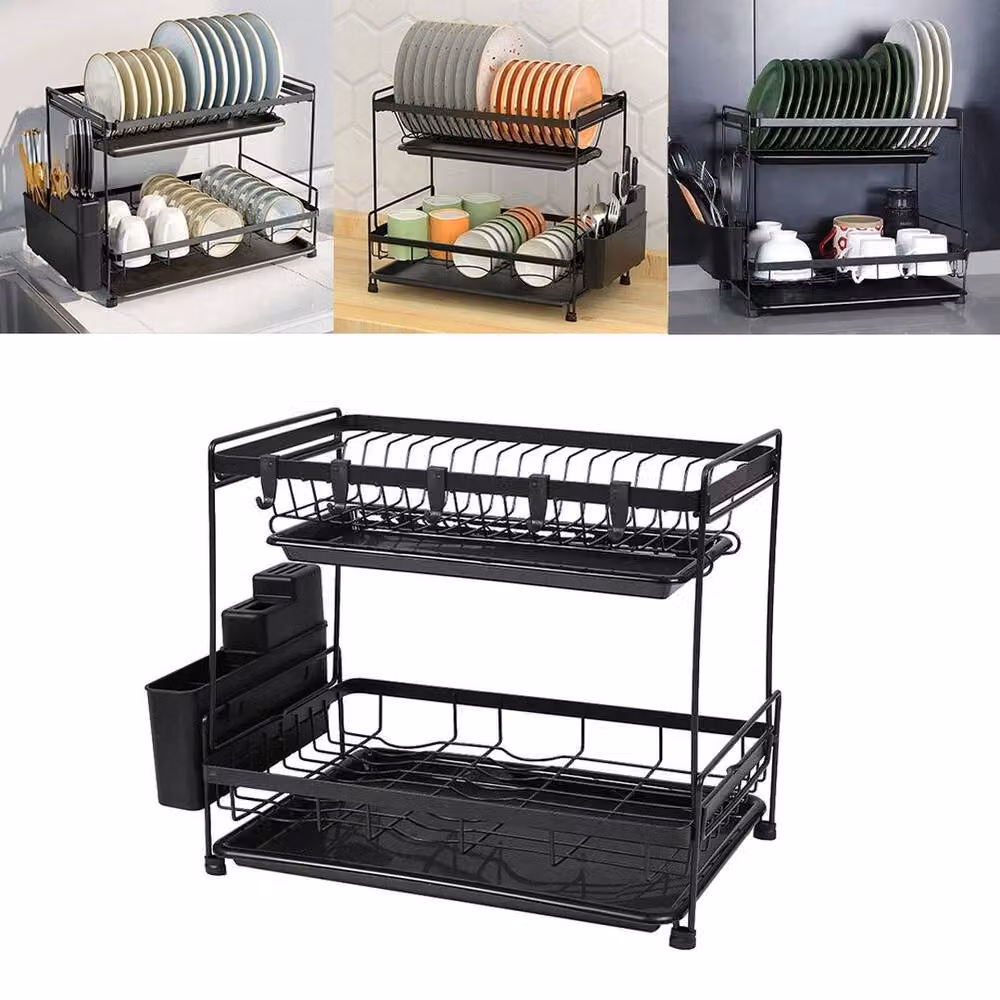 KORVIXA 2 Tier Dish Drainer Rack with Drip Tray, Black, W: 100 cm, D: 100 cm, H: 36 cm – 4