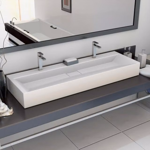 Berkfield Home White Mineral Cast Rectangular Wall Hung Wash Basin W: 120 cm, D: 46 cm, H: 11 cm – 1