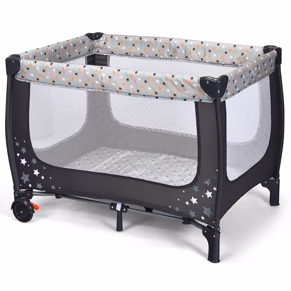 Costway 2-in-1 Foldable Baby Playpen and Bassinet Bed Activity Centre with Mattress in Grey and Multicolour – 10