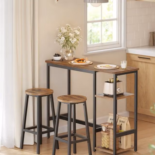 VASAGLE 3-Piece Bar Table and 2 Stools Set in Rustic Brown and Ink Black