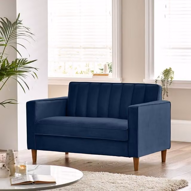 Furniturebox Kit 2 Seater Modern Velvet Fabric Sofa in Blue