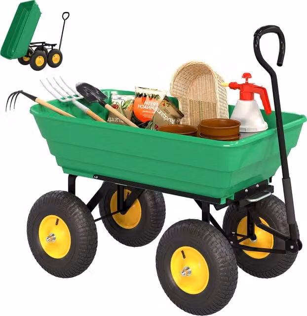 Outsunny 75 Litre Heavy Duty 4 Wheel Garden Cart Tipping Trolley in Green – 1