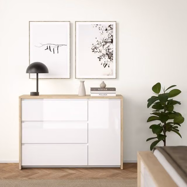Furniture To Go Jackson Hickory Sideboard with 1 Door and 3 Drawers in Oak Brown and White
