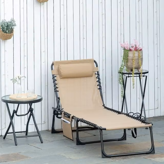 Outsunny Portable Folding Camping Sun Lounger in Beige with Adjustable Headrest and Side Compartments