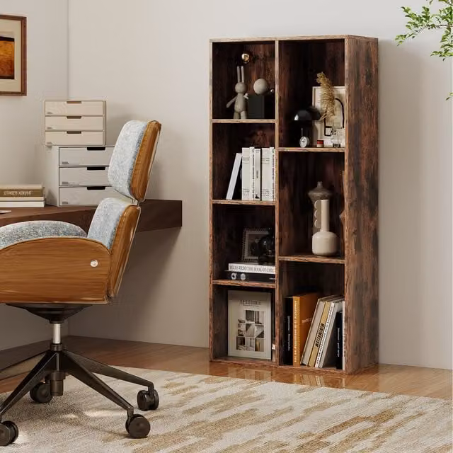 COSTWAY Modern Brown MDF Cube Display Rack Organizer with Back Panel