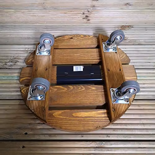 Samuel ALEXANDER Handcrafted Round Wooden Plant Stand Trolley with Metal Castor Wheels, Brown, Diameter: 40 cm – 3