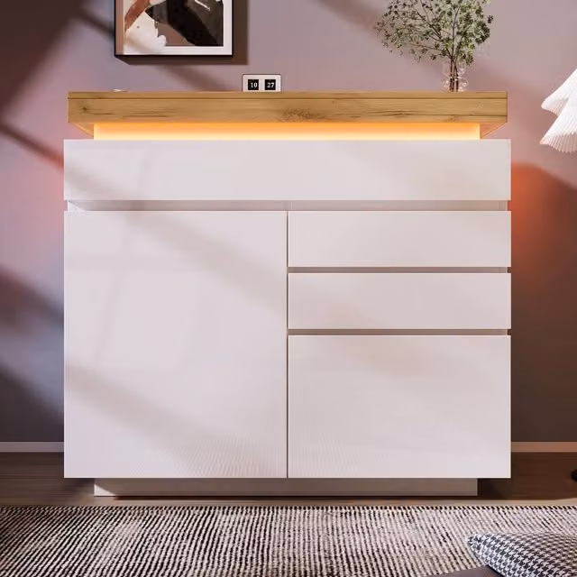 Rolipo White High Gloss Modern Sideboard with Integrated LED Lighting, 2 Doors and 3 Drawers