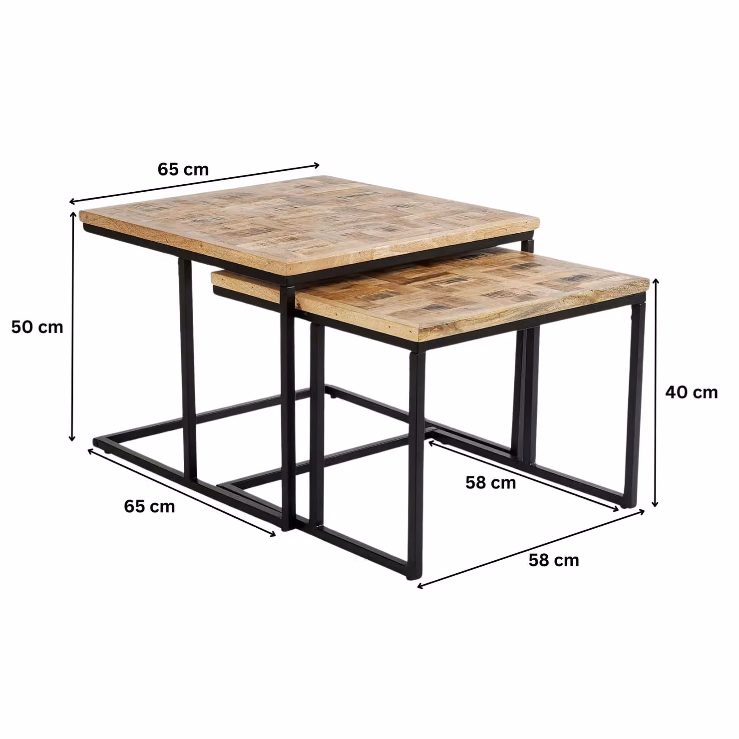 Home Source Nest of 2 Square Tables with Solid Mango Wood Tops and Iron Frames in Light Brown – 2