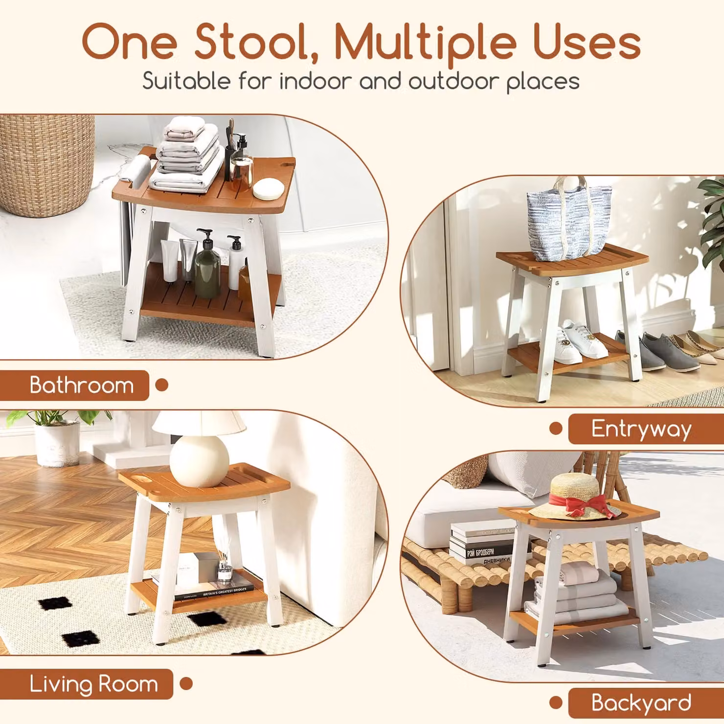 Gymax Brown HIPS Shower Bench Seat with Handle and Drainage Seat – 2