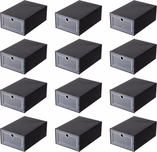 Livingandhome 12-Piece Foldable and Stackable Plastic Shoe Storage Boxes in Black and Transparent
