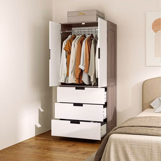 HOMCOM Modern 2 Door Wardrobe with Internal Drawers and Hanging Rod in Brown, Black or White
