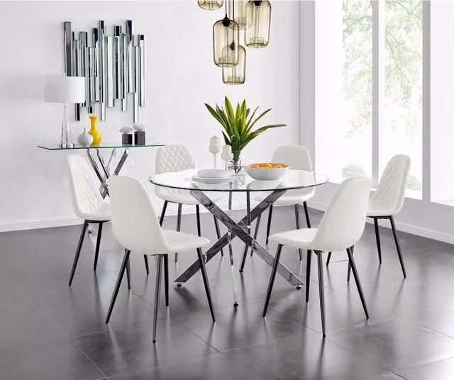 FurnitureboxUK Novara Round White Glass Dining Table with Six Corona Black Faux Leather Chairs, Diameter: 120 cm