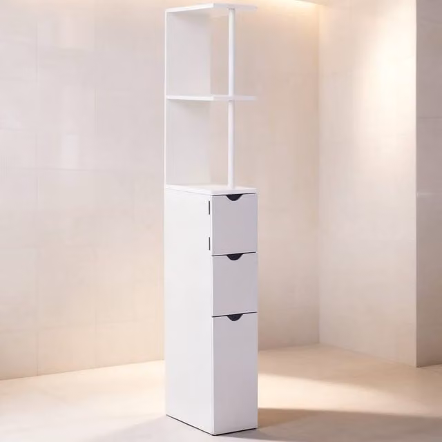 ERGOVEXA Tall Freestanding Bathroom Cabinet in White and Grey with Internal Shelves and Drawers