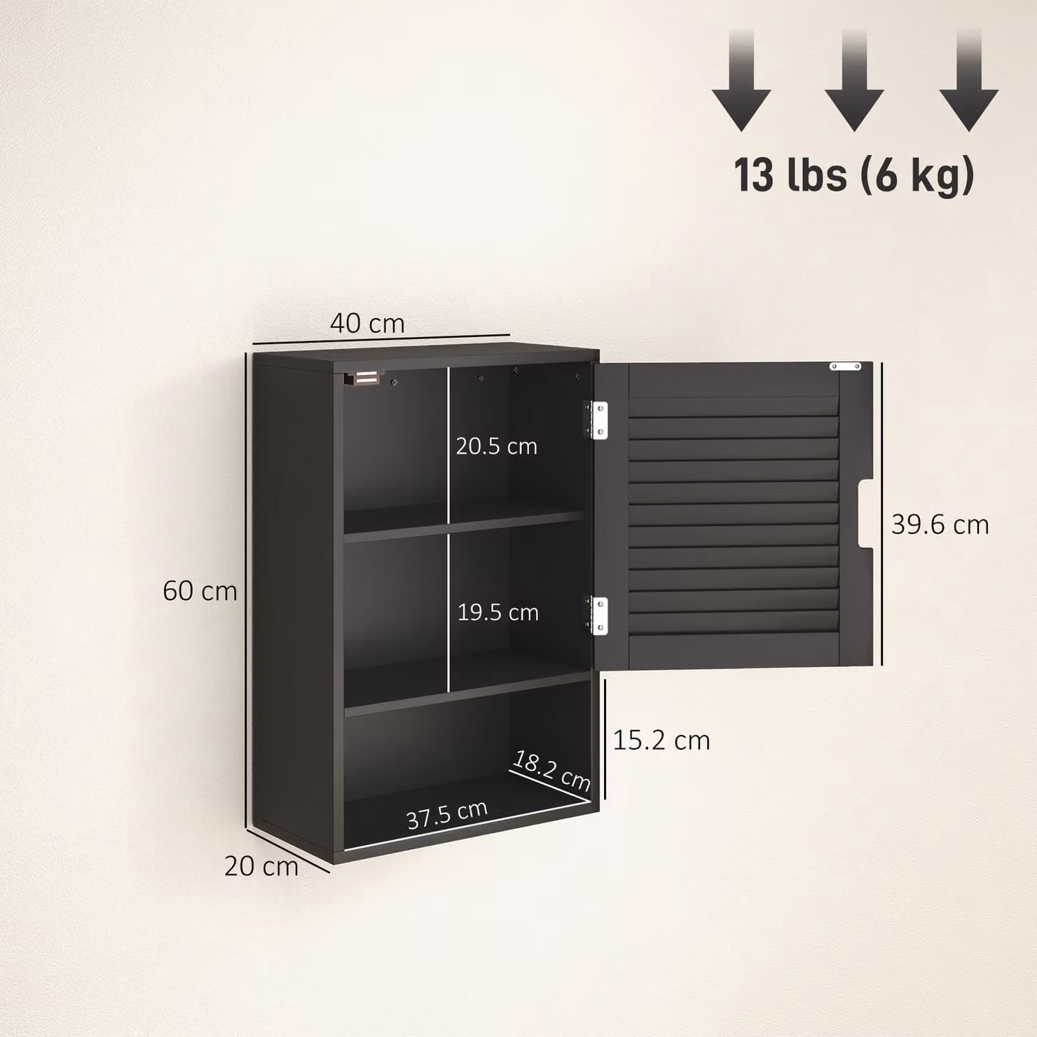 HOMCOM Black Wall Mounted Bathroom Cabinet with Soft Close Hinged Doors and Internal Shelves, W: 40 cm, D: 20 cm, H: 60 cm – 3