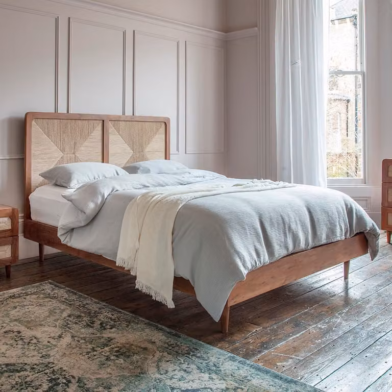 Atkin & Thyme Maya Kingsize Bed in Brown Acacia Wood and Rattan