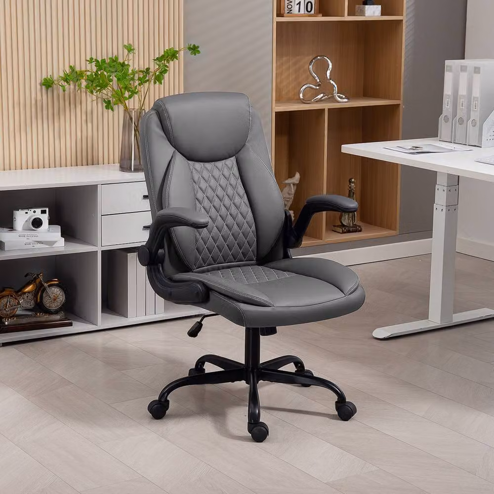 ERGOVEXA Faux Leather Office Chair with Flip-Up Armrests, Charcoal Grey – 4