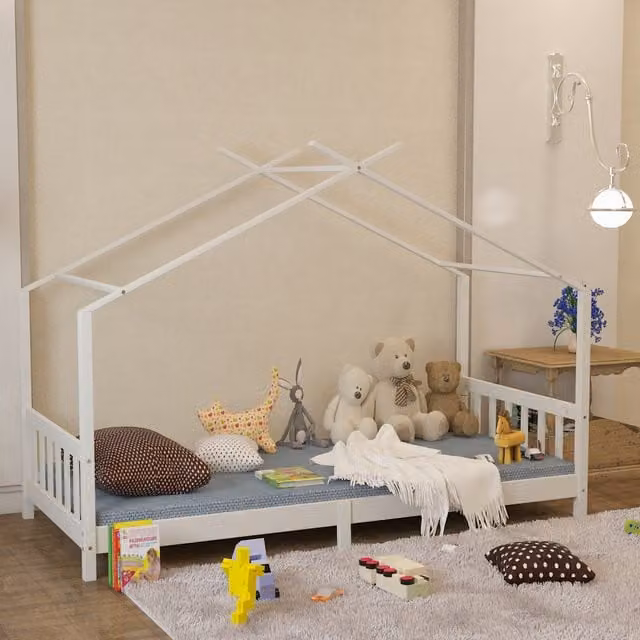 Livingandhome Scandinavian White Solid Pine Wood House Frame Kids Bed