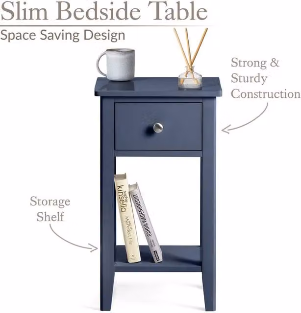 NESTLUNE Navy Blue Slim Bedside Table and Modern Bedroom Nightstand