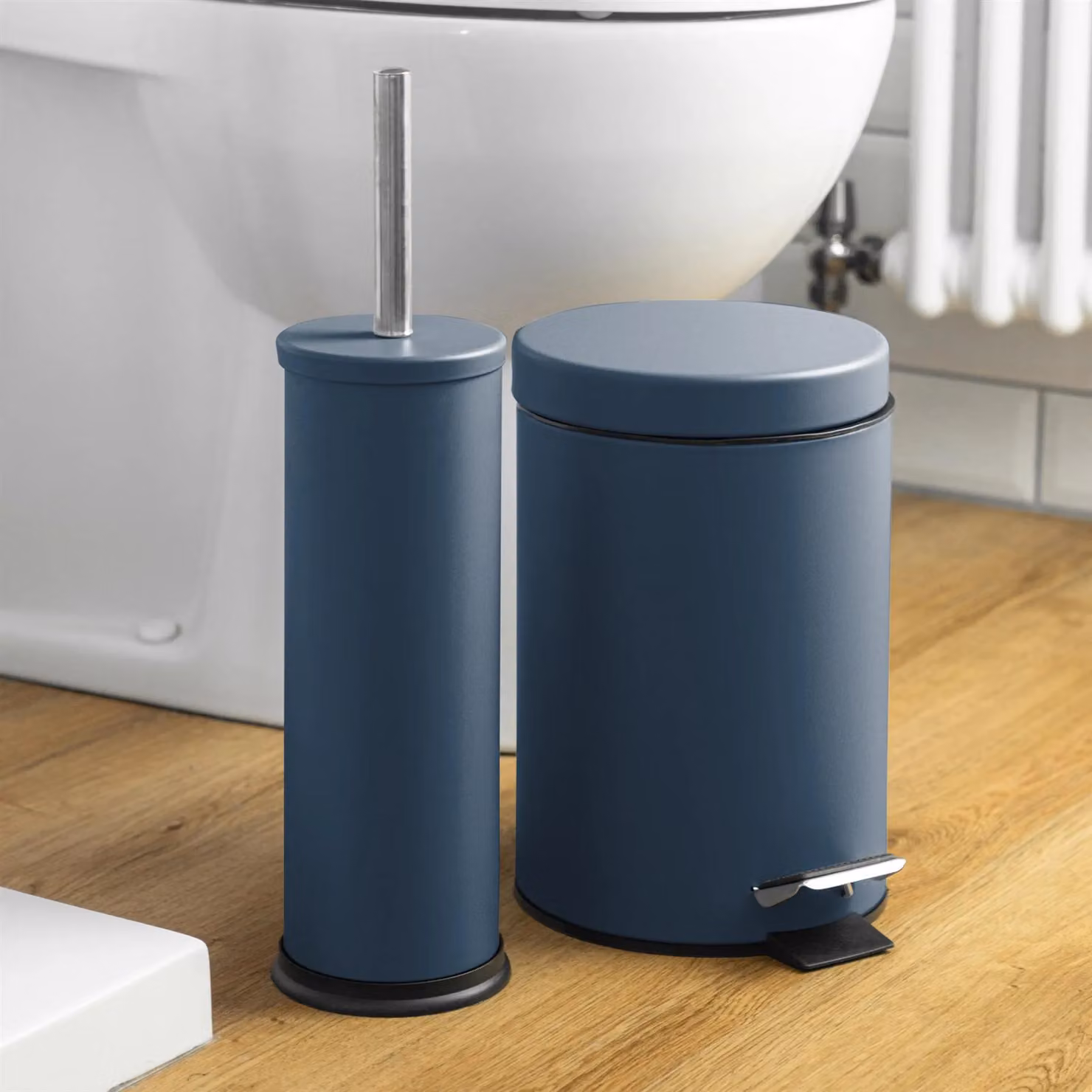 Harbour Housewares 3L Round Stainless Steel Pedal Bin and Toilet Brush Set in Blue – 5