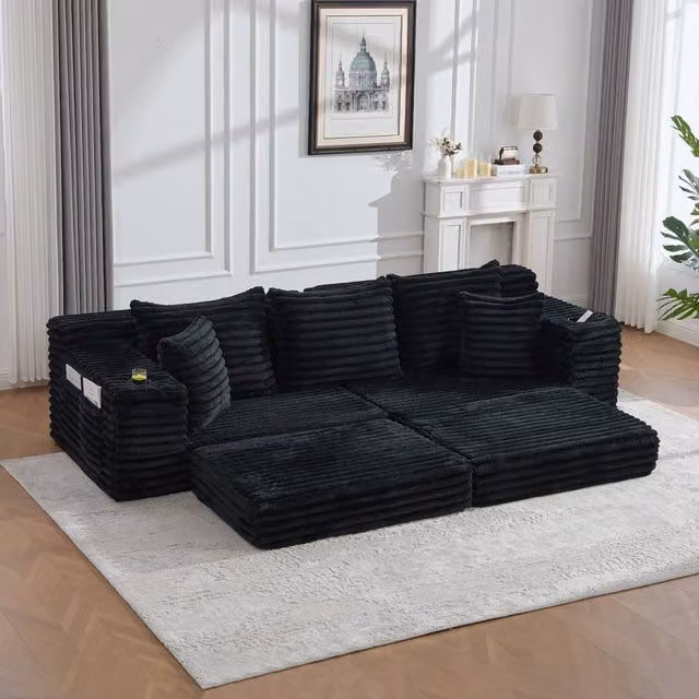 Matteo Black Corduroy Sofa Bed with Cup Holders and Sleeping Function