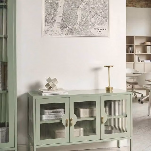 Wyld and Coco Industrial Green Steel 3-Door Sideboard with Glass and Lock – 1