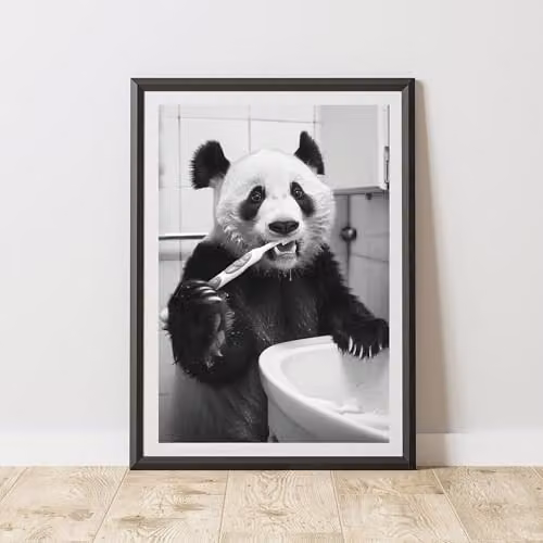 60 Second Makeover Panda Brushing Teeth Animal Print Paper Poster, W: 21.0 cm, H: 29.7 cm, Multicolour