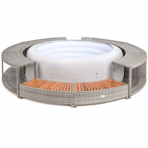 Lay-Z-Spa Grey Rattan Hot Tub Surround with Built-in Storage and Acacia Wood Steps for Gardens and Terraces