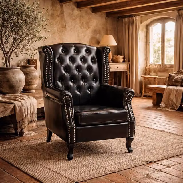 Wyld Haus Nana Bafa Black Synthetic Leather Wingback Chesterfield Accent Chair with Solid Wood Frame
