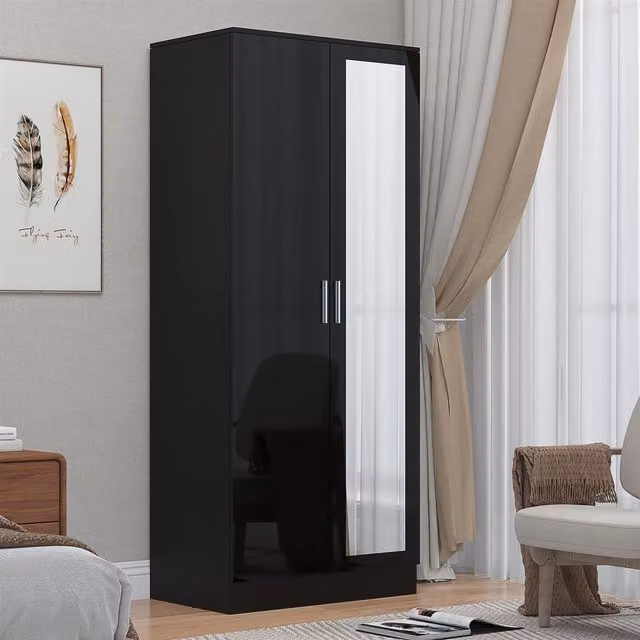 Reflect 2 Door Mirrored Wardrobe in Black Gloss and Black Oak, H 180 x W 76 x D 47 cm – 1