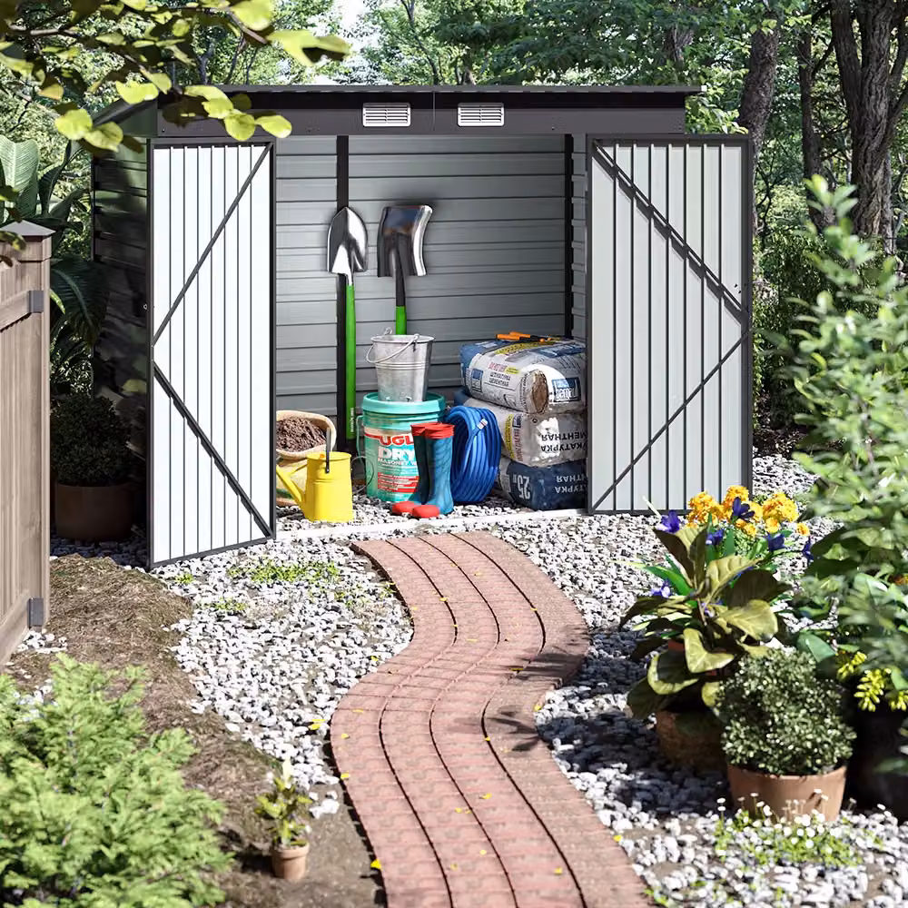 Living and Home Outdoor Galvanised Steel Storage Shed with Dual Doors and Side Vent, Black, W: 120.5 cm, D: 182.6 cm, H: 239.5 cm – 2