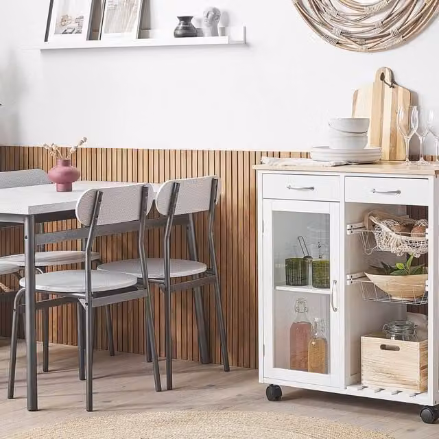 Wyld and Coco White Pine Scandinavian Kitchen Trolley with 2 Drawers, 1 Cabinet and 2 Racks