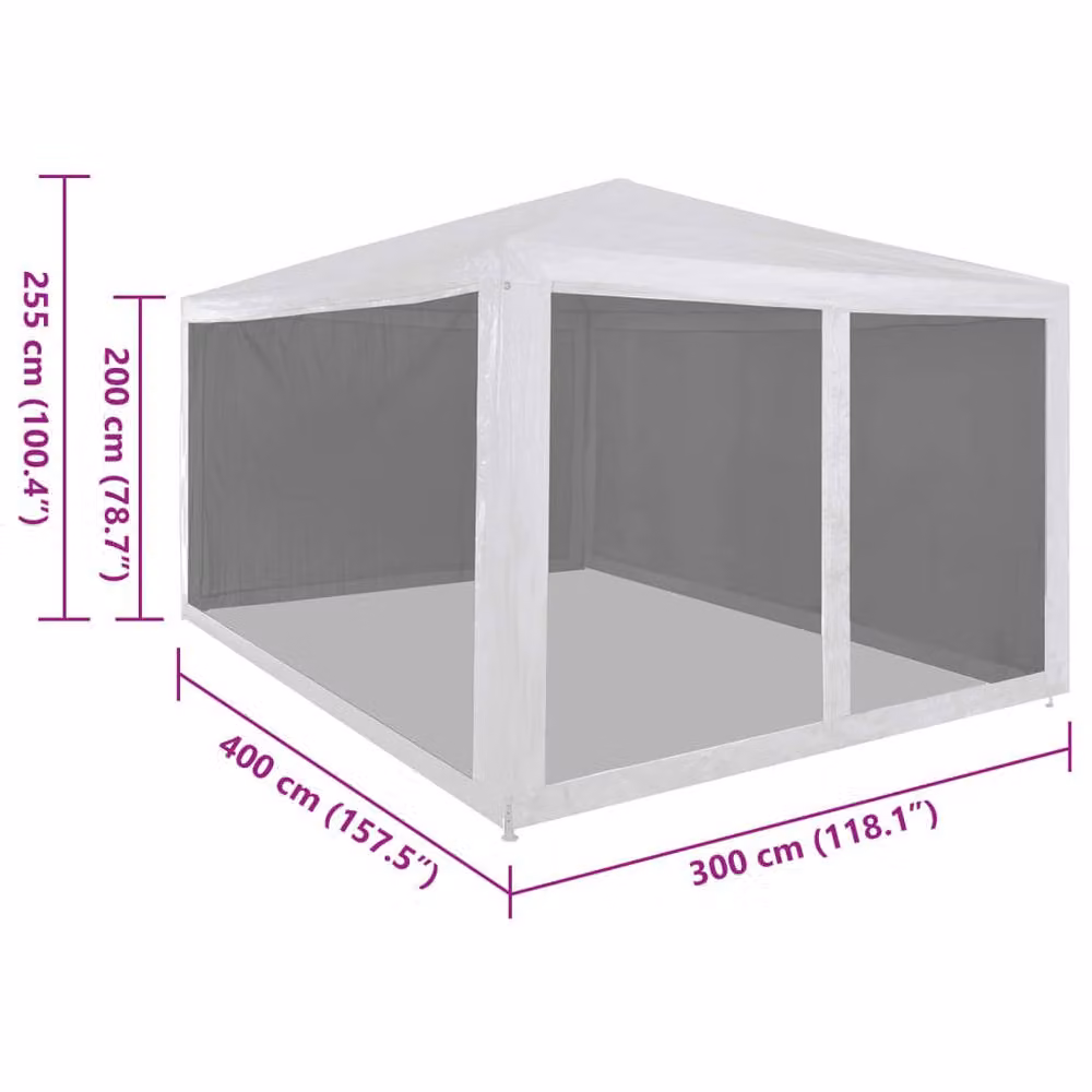 Berkfield Home Party Tent with 4 Mesh Sidewalls, White, W: 400 cm, D: 300 cm, H: 255 cm