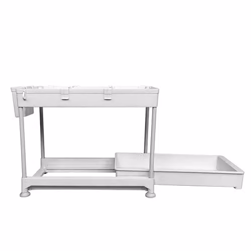 AMOS 2-Tier Sliding Under Sink Storage Organiser with 4 Hooks, White