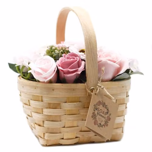 Serenityy Large Pink Soap Flower Bouquet in a Rattan Wicker Basket