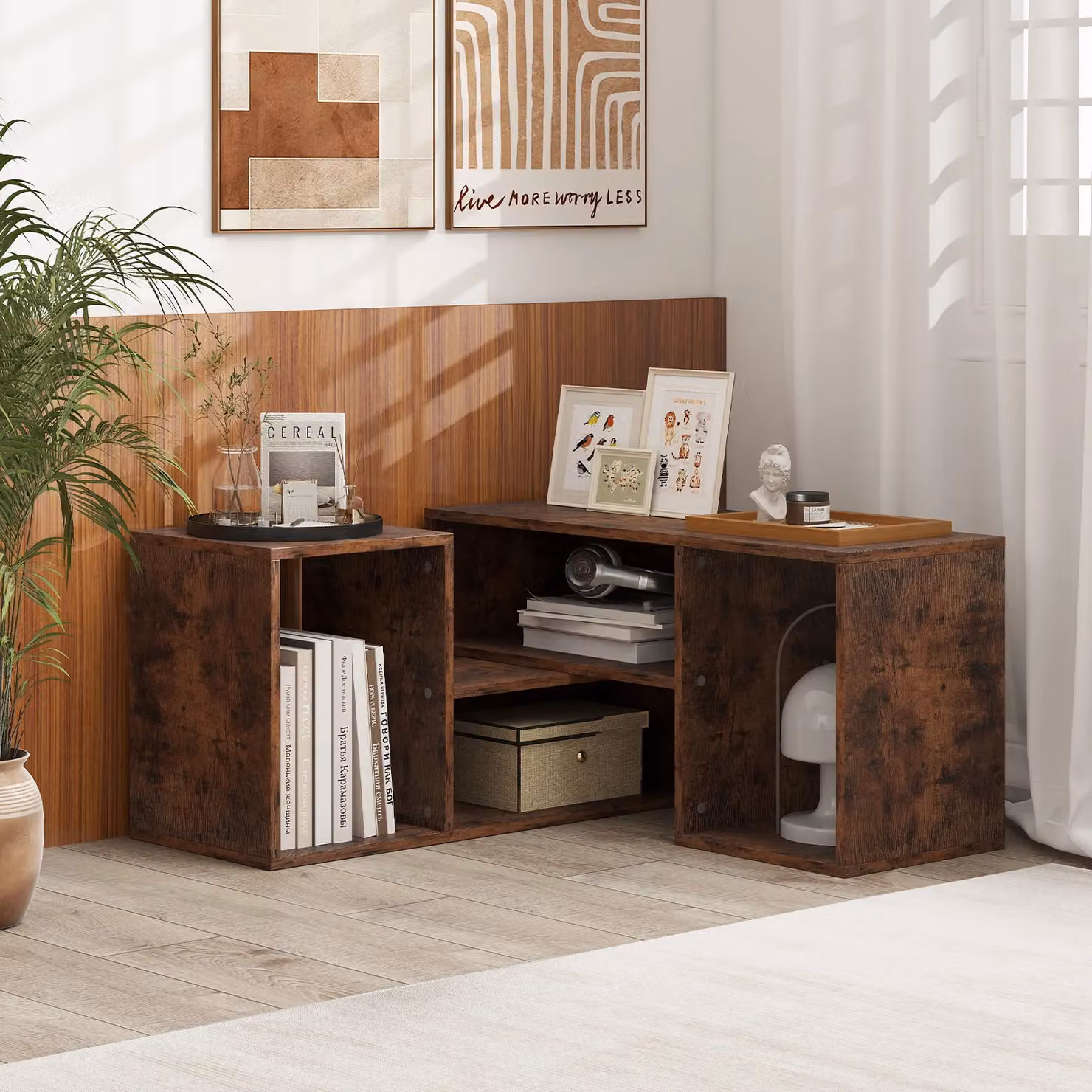 Costway 2-Piece Modern Minimalist Brown Wood Entertainment Centre and Console TV Stand – 3