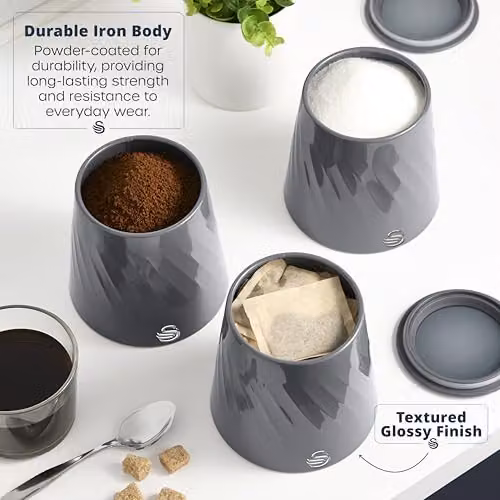 Swan Windsor Set of 3 Metal Canisters for Tea, Coffee and Sugar, Grey with Transparent Lids, 1.3 l Each – 4