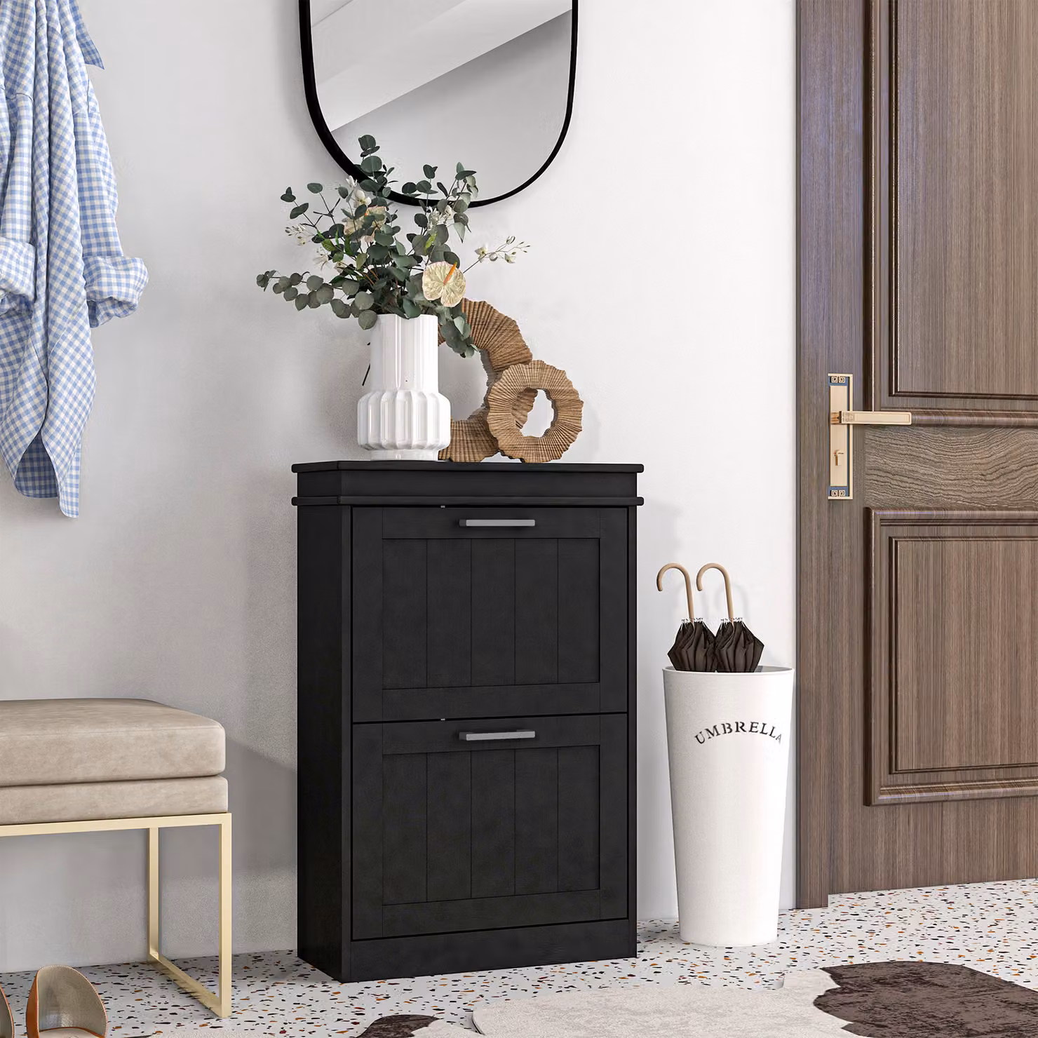 HOMCOM Minimalist Black Two-Drawer Shoe Cabinet with Tilting Compartments for 10 Pairs of Shoes – 2