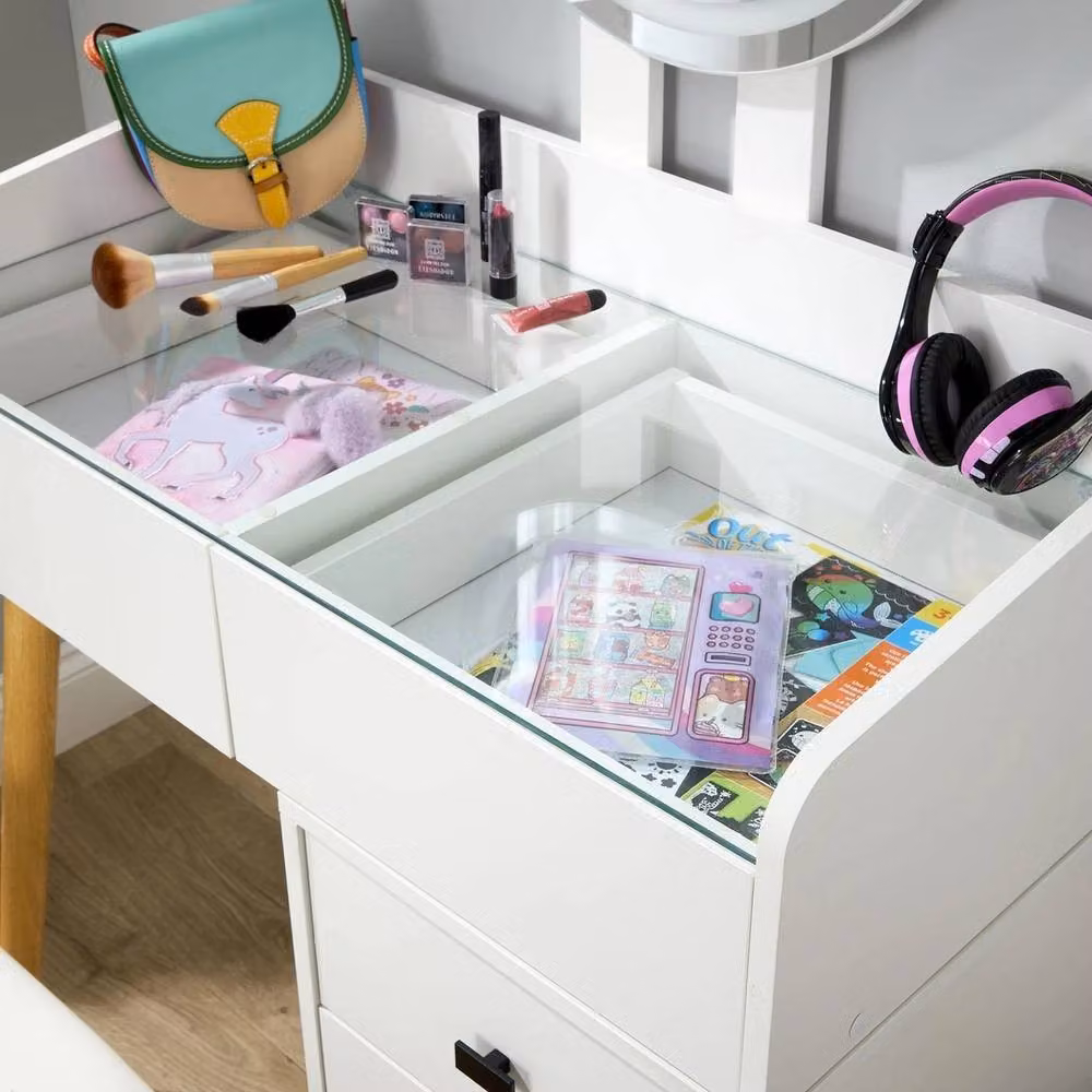 FORGEVIO 5 Drawer Dressing Table Vanity Desk with Integrated LED Hollywood Mirror in White – 3