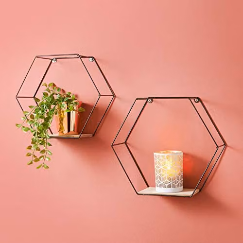 SPOT ON DEALZ Set of 2 Black Metal Hexagon Wall Floating Shelves – 2