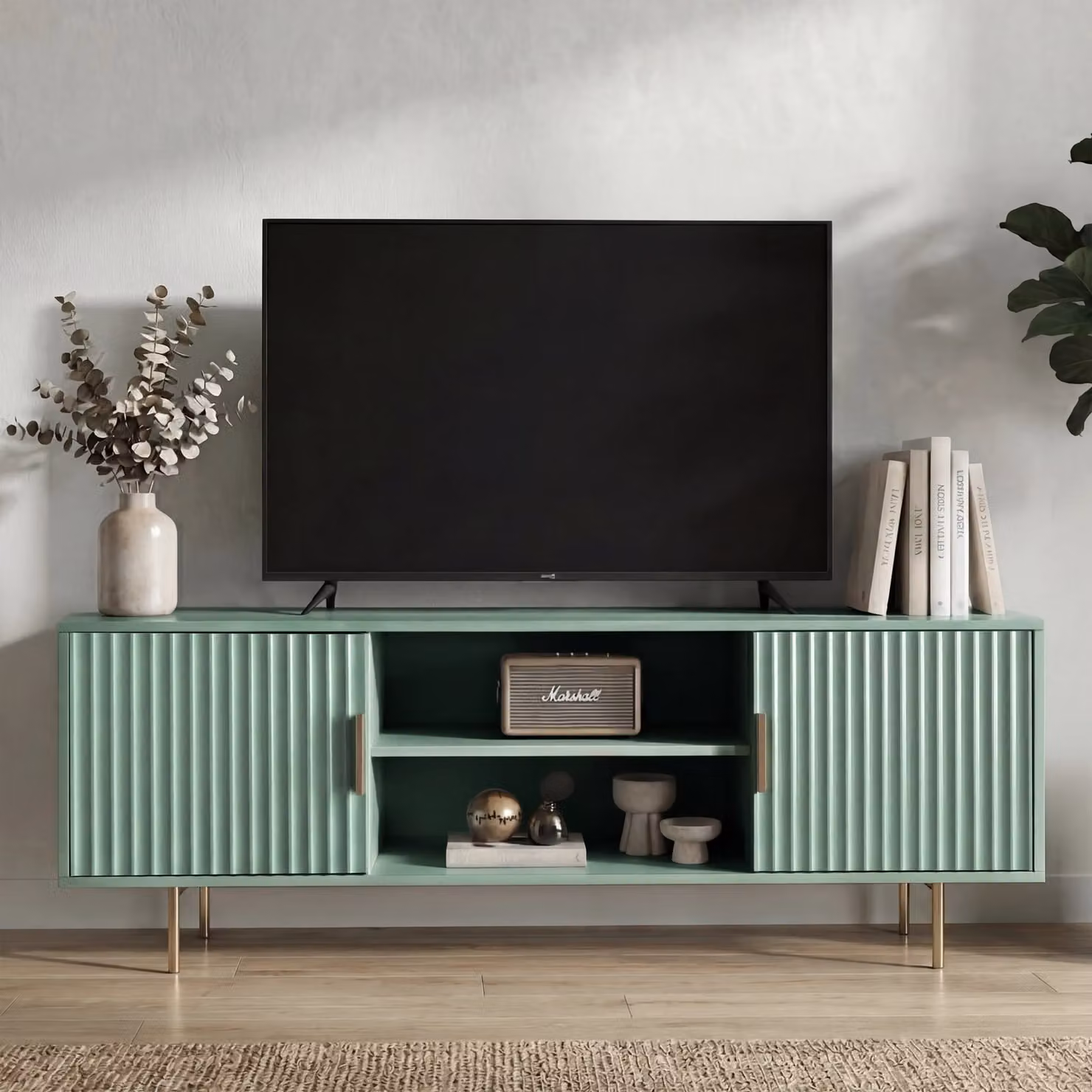 DHS Modern Fluted Wood TV Unit in Green with Soft Close Drawers and Media Compartments, W: 140 cm, D: 40 cm