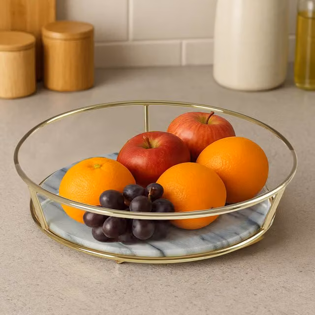 Orsina Delphine White and Grey Marble Fruit Basket with Brass Finish