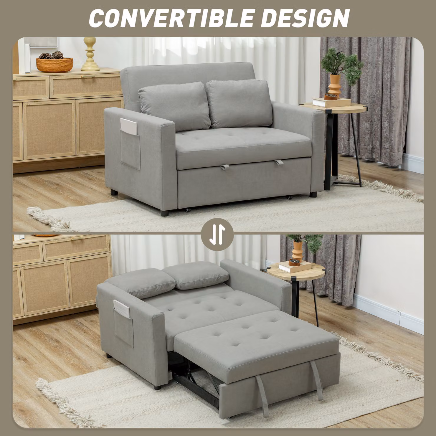 HOMCOM Modern Velvet Two-Seater Click-Clack Sofa Bed in Grey with Solid Wood Frame and Removable Covers – 2