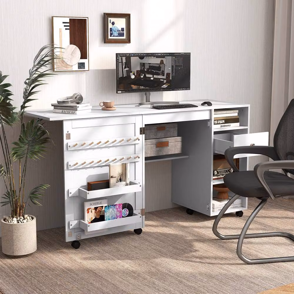 Costway Adjustable Rolling Sewing and Craft Desk with Folding Top and Trays in White – 3