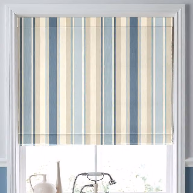 Laura Ashley Made To Measure Roman Blind in Seaspray Blue Awning Stripe Blackout