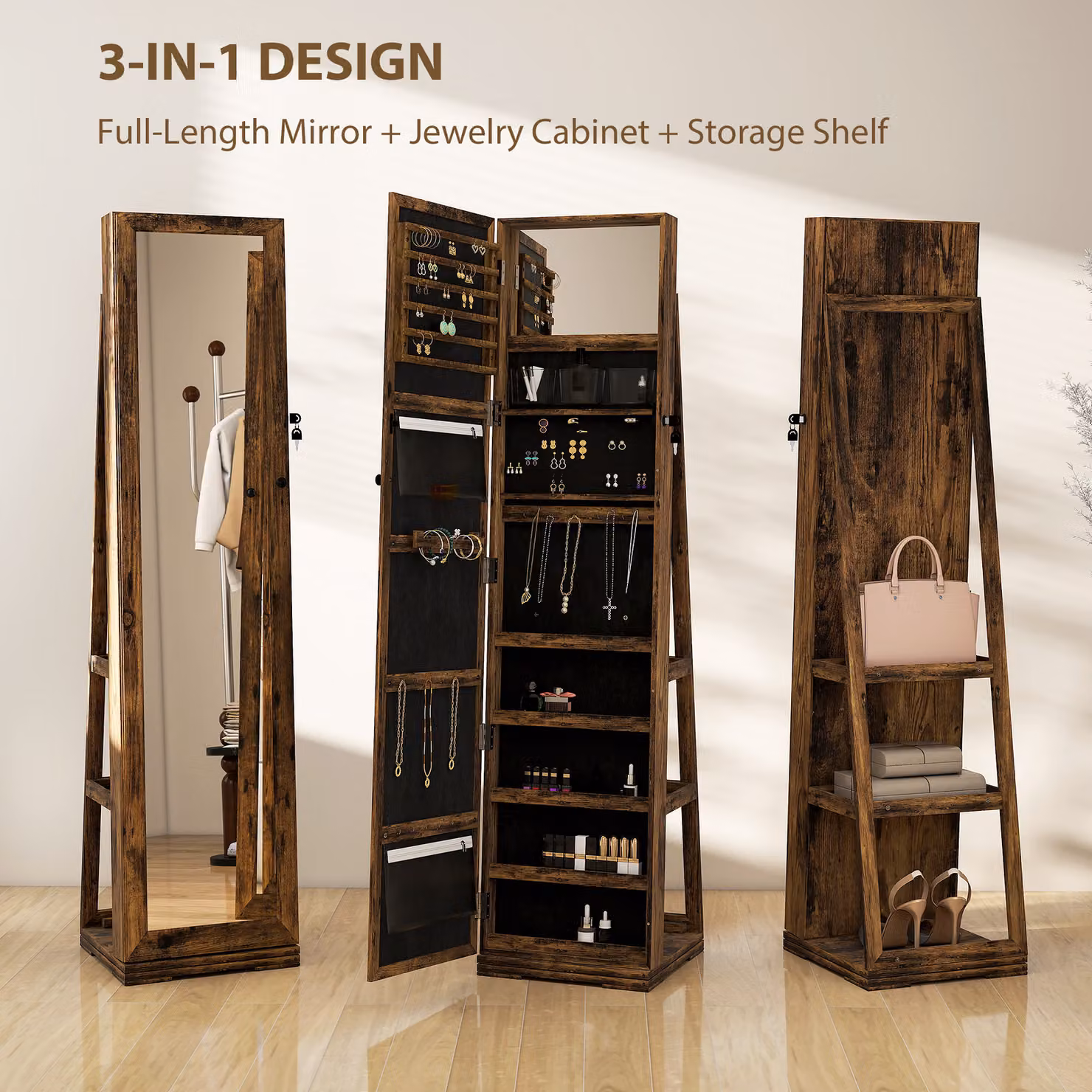 HOMCOM 360 Degree Swivel Jewellery Cabinet with Full Length Mirror and Lockable Organiser in Rustic Brown – 3